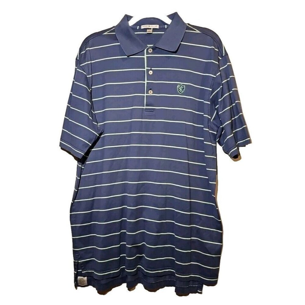 Peter Millar Polo Shirt Mens Large Blue / Green Stripe Short Sleeve Embroidered